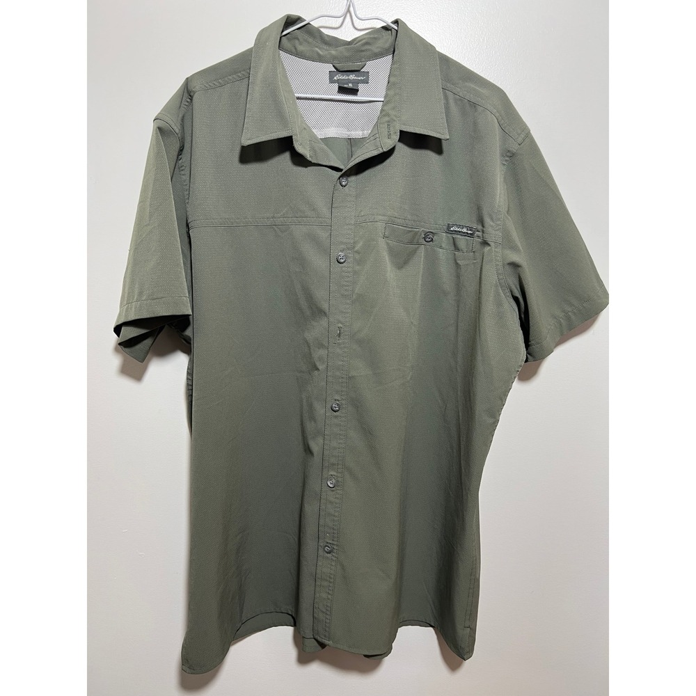 Eddie Bauer Mens XL Short Sleeve Button Down Shirt Olive Green Hiking Outdoor